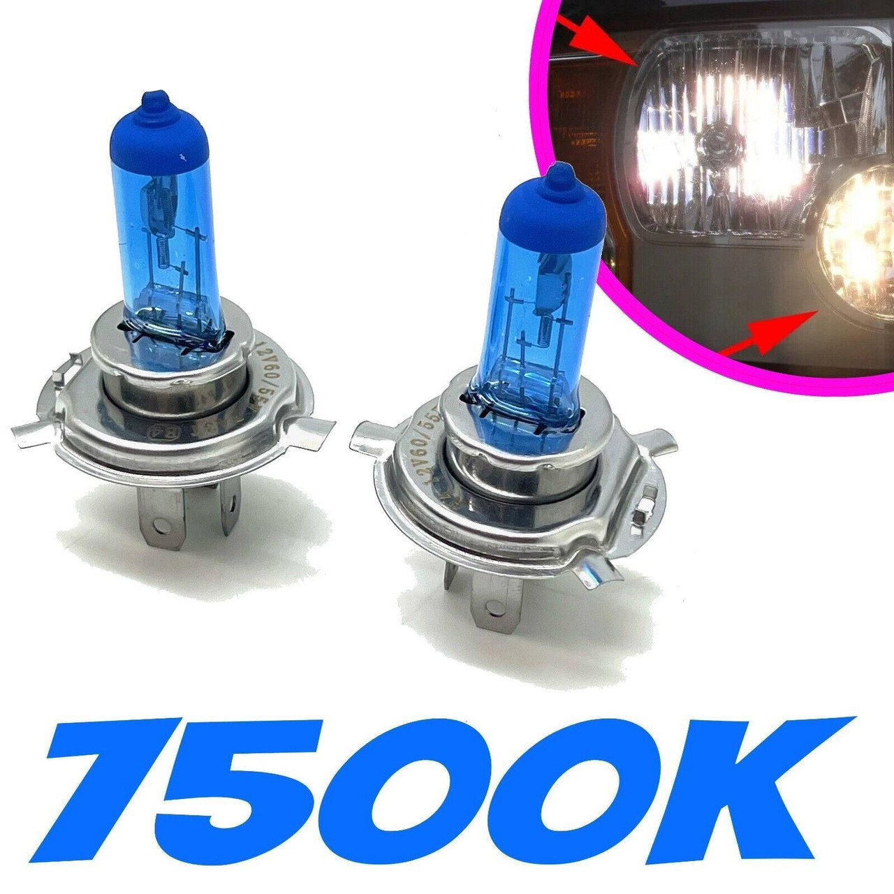 Pair 12V 55W H4 7500K Xenon Headlight Bulbs Headlamp Spare Part Replacement