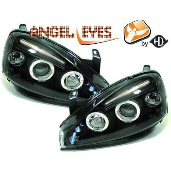 LHD Projector Headlights Pair Angel Eyes Clear Black H1 H1 Vauxhall Corsa C 00-06