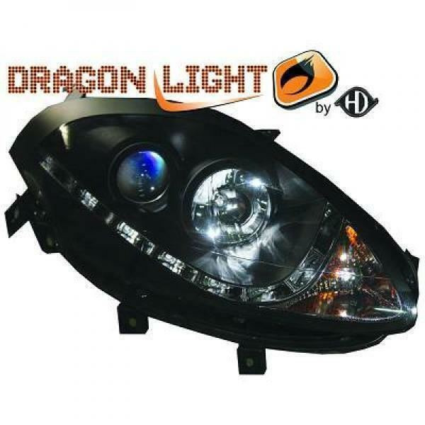 LHD Projector Headlights Pair LED Dragon DRL Lights Clear Black Fiat Bravo 07-On