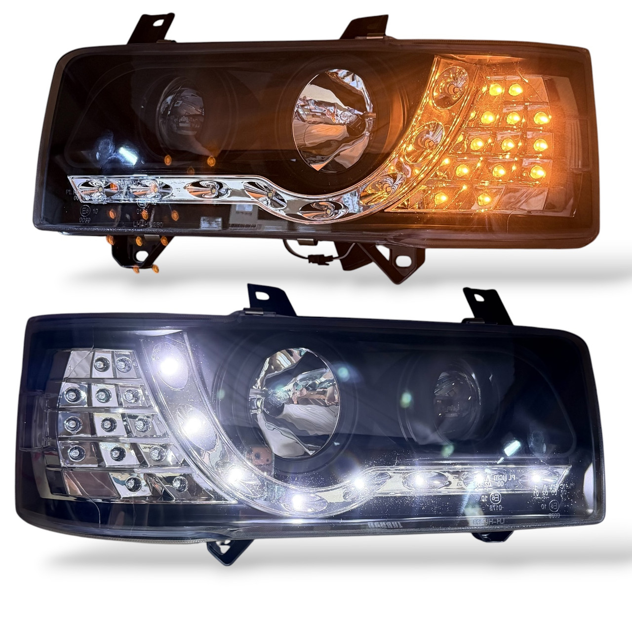 LHD Projector Headlights Pair LED Dragon DRL Lights Clear Black VW T4 Transporter 90-03