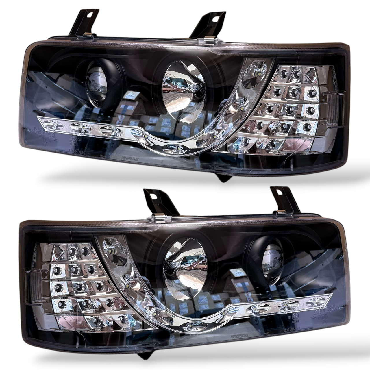 LHD Projector Headlights Pair LED Dragon DRL Lights Clear Black VW T4 Transporter 90-03