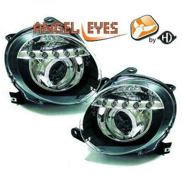 LHD Projector Headlights Pair Angel Eyes Clear Black H1 Fiat 500 Cabrio 07-15