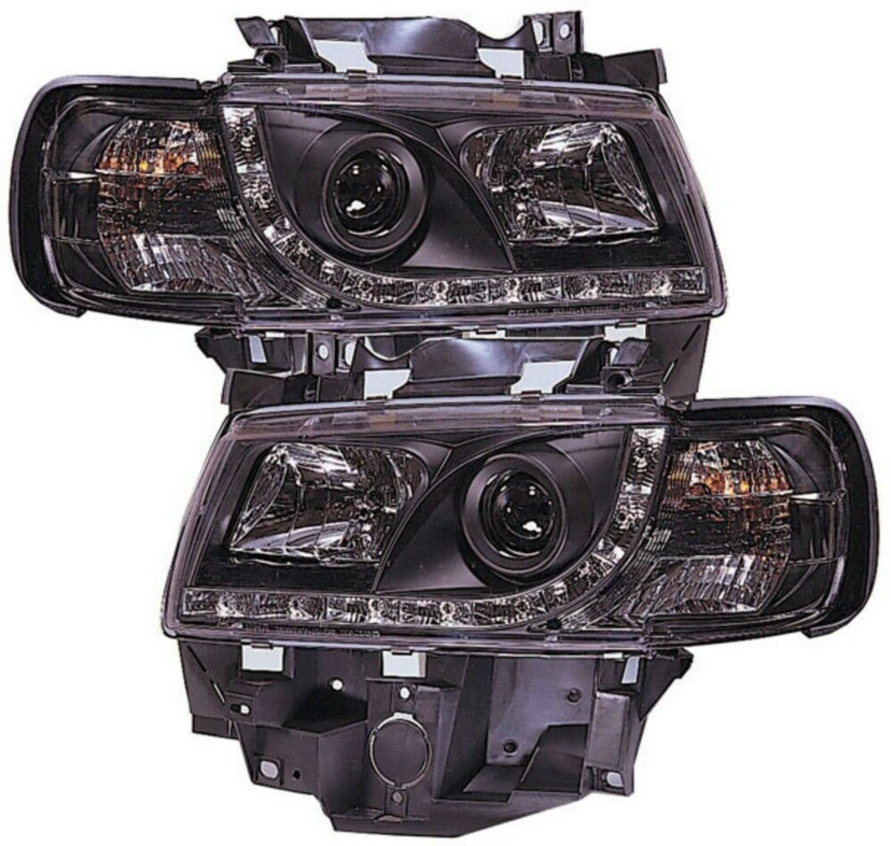 Black DRL Devil Eye Headlights For VW T4 Caravelle/Eurovan Longnose 1997 To 2003