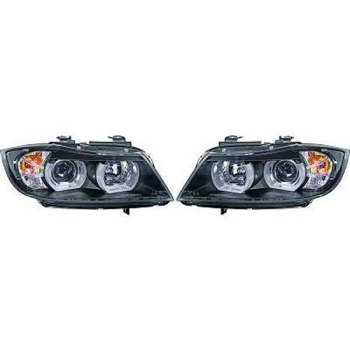LHD Headlight Pair 3D Angel Eyes Clear Black BMW 3 Series E90 E91 05-08 xenon