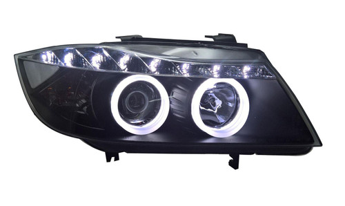 For BMW 3 Series E90 E91 05-08 Black Projector Angel Eye Headlights Halo
