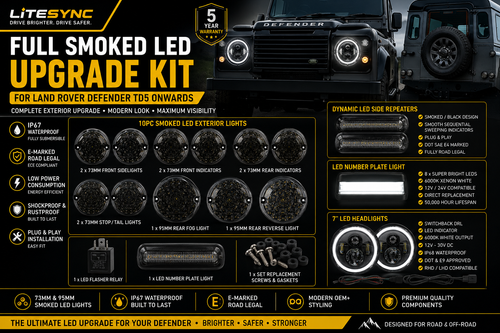 Full Smoked LED light upgrade kit headlights side repeaters number plate black