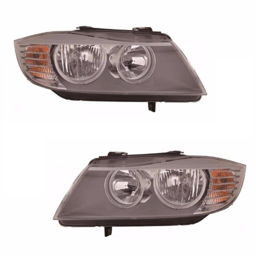 For BMW 3 Series E90 E91 9/2008-5/2012 Headlight Lamp Black Pair O/S &amp; N/S