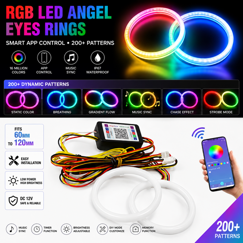 2x Cotton LED Rings Halo Angel Eyes dynamic RGB Multicolour Bluetooth