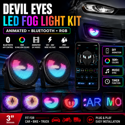 Devil Eyes LED Fog Light Kit 3" 90mm Bluetooth RGB Car Bike Truck 12V–36V