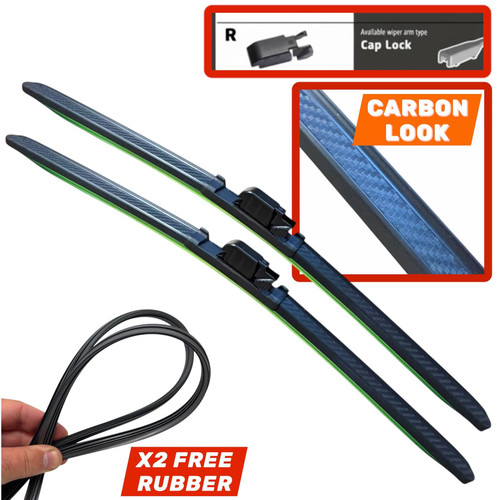 26/14" Carbon Fibre Aero Flat Wiper Blades Pair All-Season Windshield Cap Lock Fitting