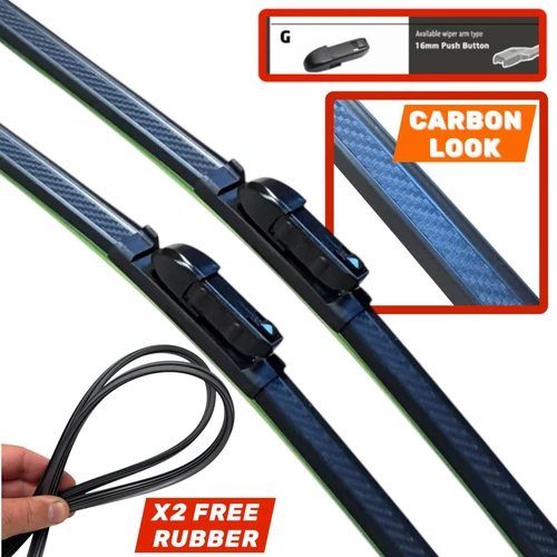 26/21" Carbon Fibre Aero Flat Wiper Blades Pair All-Season Windshield 16mm Push Button Fitting