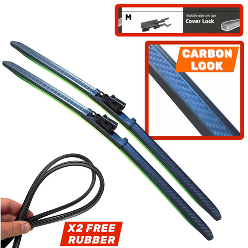 17/17" Carbon Fibre Aero Flat Wiper Blades Pair All-Season Windshield Cover Lock Fitting