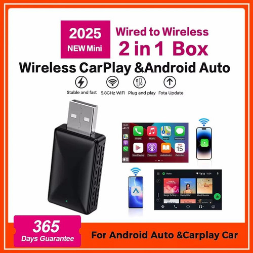 Wireless CarPlay Android Auto Adapter 2in1 Smart Dongle USB Plug & Play