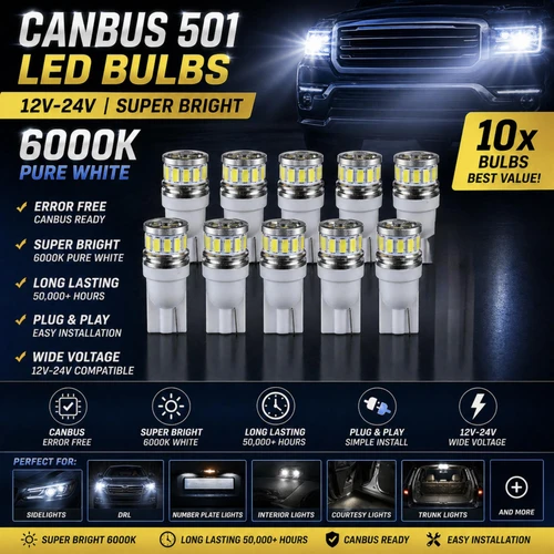 501 W5W 504 LED Bulb 12/24V Canbus Error Free 6000K White Sidelight