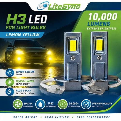 H3 LED Fog Light Bulbs 3000K Yellow 10000LM Canbus Error Free LiteSync