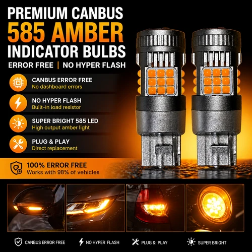 2x W21W 582 585 7440 T20 Amber LED Indicator Bulbs Canbus Error Free 36 SMD No Hyper Flash