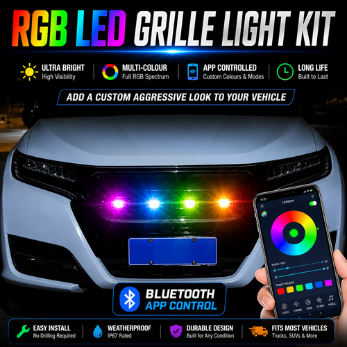 Set of 4 RGB LED Front Grille Marker Lights – Bluetooth App Control, Waterproof, Universal Fit for 4x4 Pickup Trucks