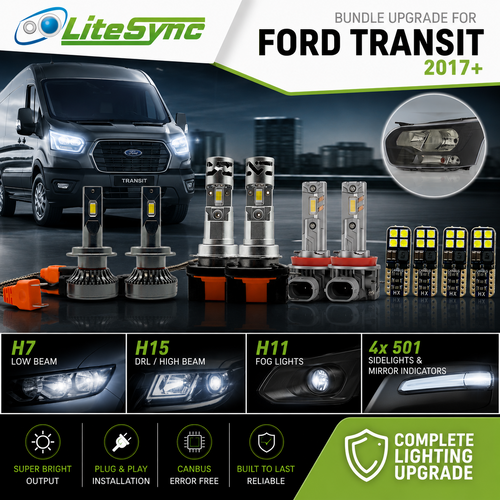 Litesync H7 H15 H11 501 LED Full Light Upgrade Kit for Ford Transit 2017+ | 13000LM 6000K White | Canbus Error Free