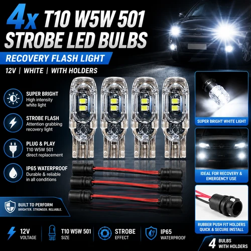 2 x White 12V T10 W5W 501 Strobe LED Bulbs Recovery Flash Light