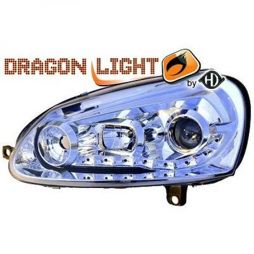 LHD Projector Headlights Pair LED Dragon DRL Lights Clear Chrome VW Golf V 03-08