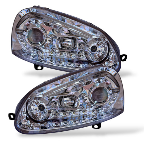 LHD Projector Headlights Pair LED Dragon DRL Lights Clear Chrome VW Golf V 03-08