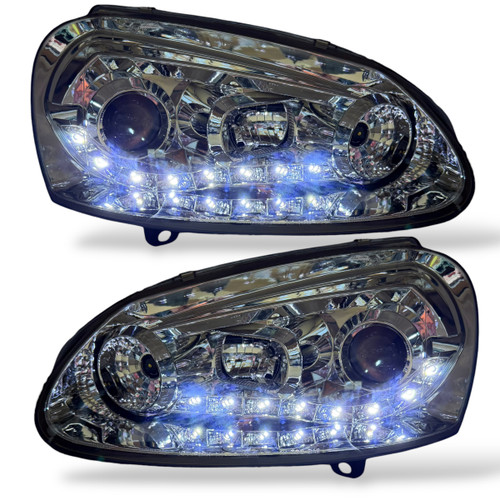LHD Projector Headlights Pair LED Dragon DRL Lights Clear Chrome VW Golf V 03-08