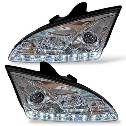 LHD Projector LED DRL Headlights Pair Clear Chrome Ford Focus II 04-07