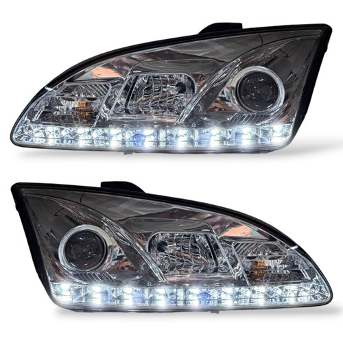 LHD Projector LED DRL Headlights Pair Clear Chrome Ford Focus II 04-07