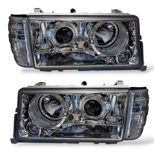 Projector Headlights Lamps LHD for Mercedes-Benz W201 1982-1993 Clear Chrome with Fog Lights & Indicators