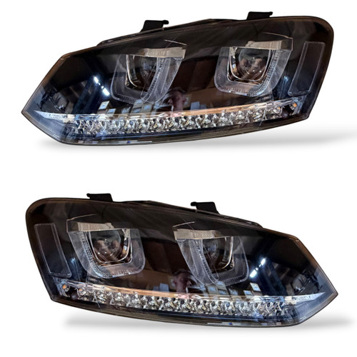 Rhd For VW Polo 6R 6C 2009- Black DRL LED Projector Headlights With LED Indicato
