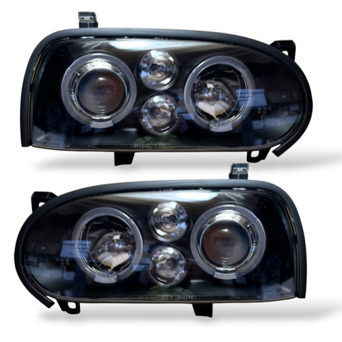LHD Projector Headlights Pair Angel Eyes Clear Black H1 H1 VW Golf III 91-97