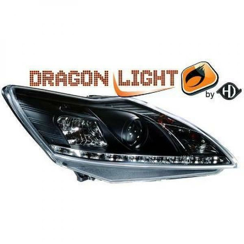 LHD Projector Headlights Pair LED Dragon DRL Lights Clear Black Ford Focus III 08-11