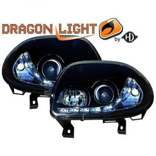LHD Projector Headlights Pair LED Dragon DRL Lights Clear Black Renault Clio II 98-01