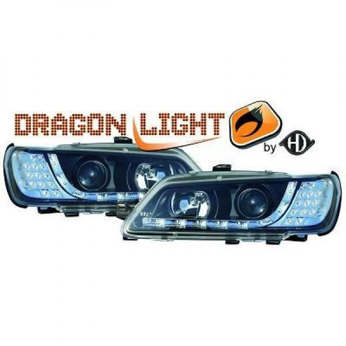 LHD Projector Headlights Pair LED Dragon DRL Lights Clear Black Peugeot 306 93-97