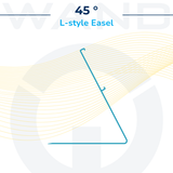 Graphic illustration of a clear, L-style smart label stand angled at 45 degrees.