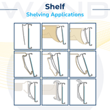 Technical diagrams illustrating various shelving applications and mounting configurations for retail shelf labels.