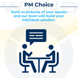 Graphic showing two people sitting at a table with a speech bubble, representing a custom design consultation service.