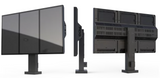 Three angled views of a 3x1 vertical stand bracket system designed for three 55-inch LG exterior displays. Screens sold separately.