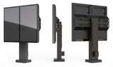 Three angled views of a 2x1 vertical stand bracket system designed for two 55-inch LG exterior displays. Screens sold separately.
