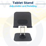 Graphic showing an adjustable and rotating black tablet stand on a white background.