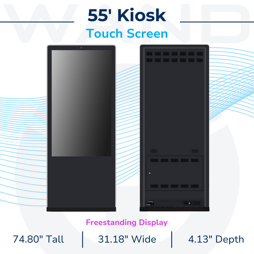 Technical diagram of a 55-inch, 500nit 24x7 digital poster kiosk featuring a touch screen with 30,000 hours runtime.