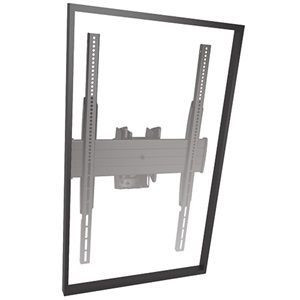 Angled view of a 1x1 panel ceiling mount kit with vertical VESA rails supporting a display frame.