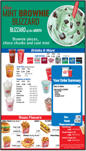A digital menu board displaying various food items and an order summary for a 1-year support and hosting SLA.