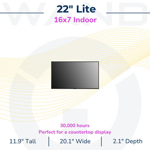 Specifications graphic for a 22-inch Lite indoor digital display with dimensions and 30,000-hour lifespan.