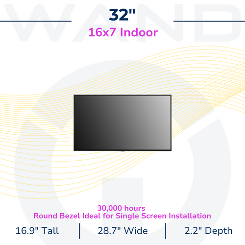 Specifications graphic for a 32-inch indoor digital display, including dimensions and ideal single-screen installation details.
