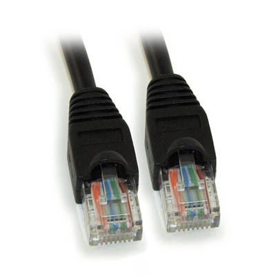 Close-up of a 07 ft. Cat5e Ethernet Cable with black connectors and visible internal wiring.