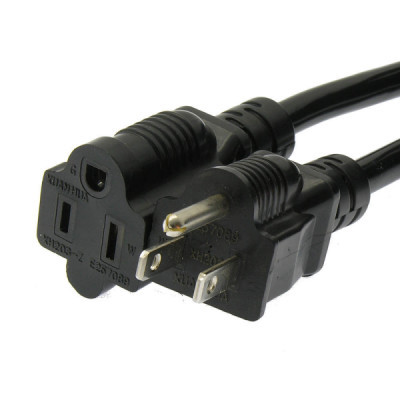 Standard black power extension cord featuring NEMA 5-15P to 5-15R plugs and 16AWG wiring.