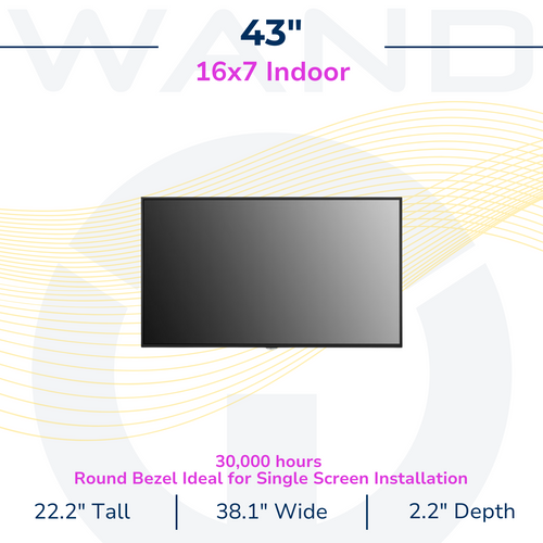 Specifications graphic for a 43" LG Lite Duty Smart Screen, highlighting 16x7 format and 30,000-hour lifespan.