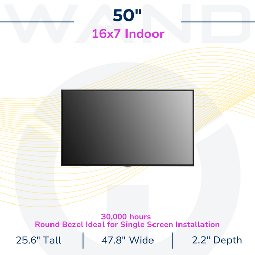 Specifications graphic for a 50" LG Lite Duty Smart Screen, detailing 16x7 format and 30,000-hour lifespan.