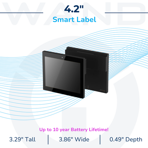A 4.2-inch electronic smart label display showing dimensions and a 10-year battery lifetime.
